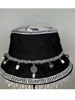 Black Beaded Charm Bucket Hat with Silver Trim